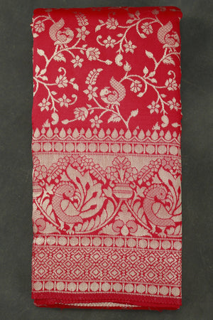 Pink Banarasi Handloom Satin Saree with Floral Woven Embroidery & Blouse