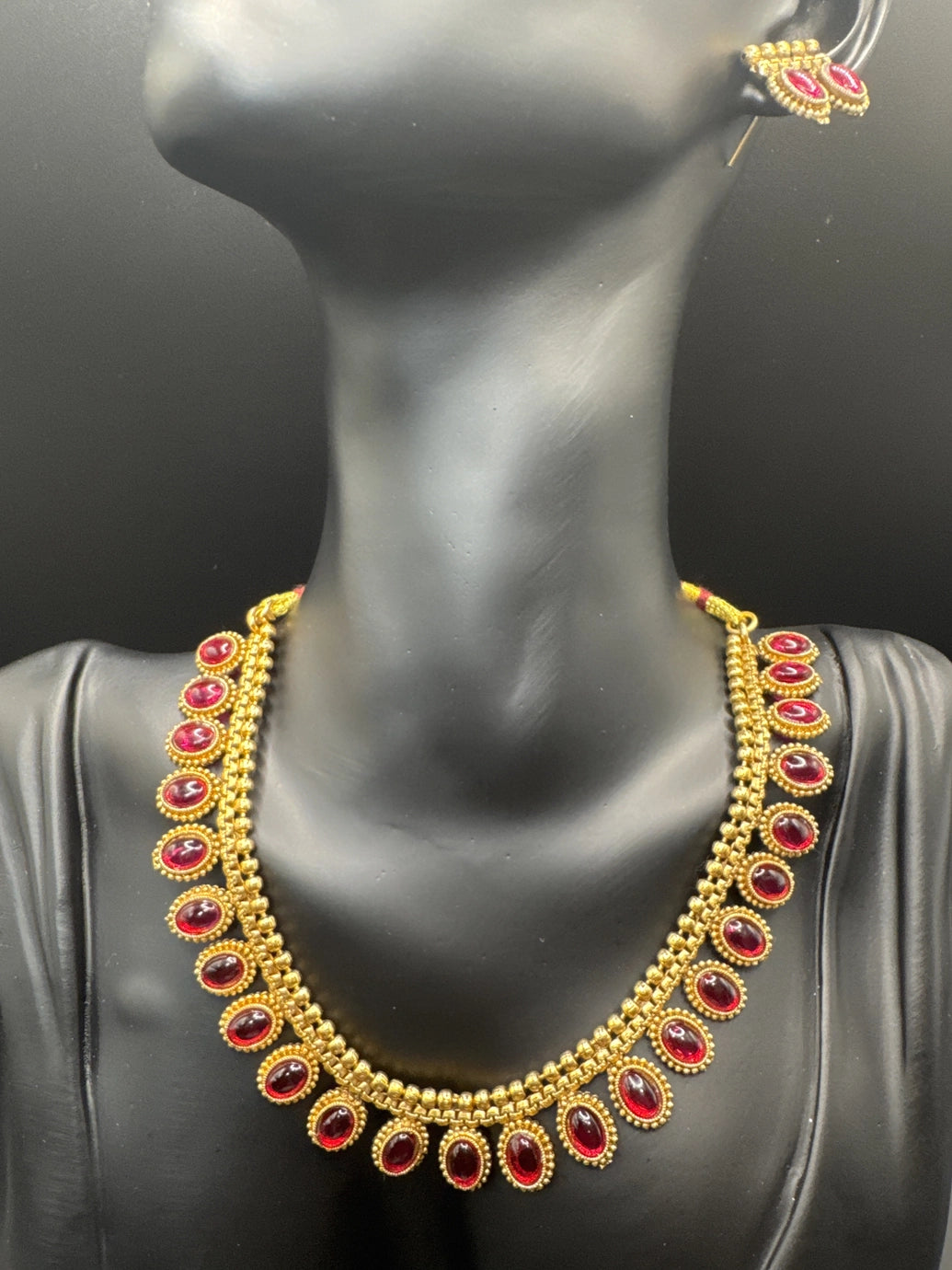 Traditional Gold-Tone Necklace Set with Oval Green or Pink Imitation Stones and Matching Earrings for Ethnic Wear