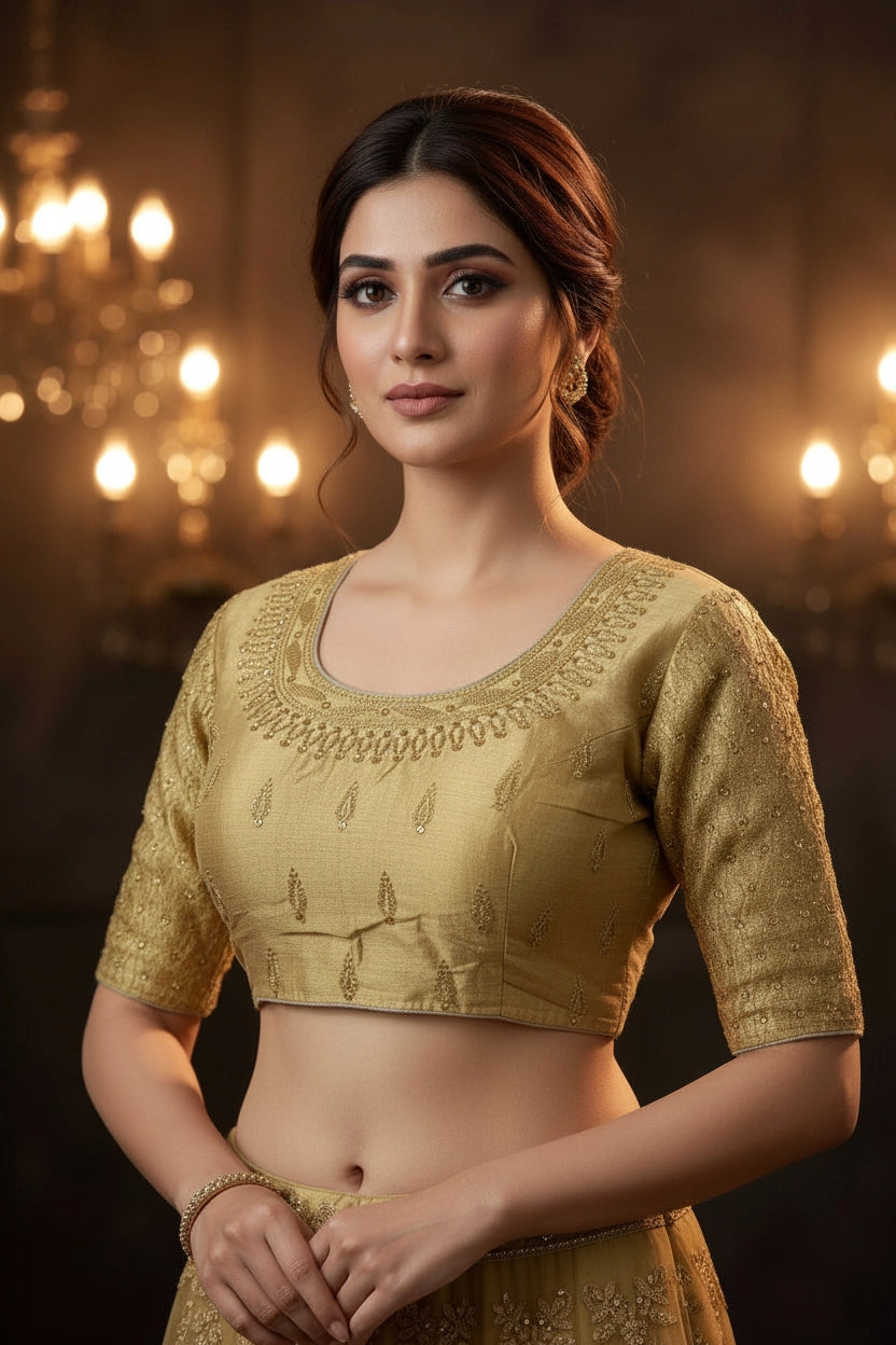 Sandal Golden Zari Embroidered Readymade Padded Blouse with Elbow Sleeves and Back Knot, Fully Stitched - Sandal