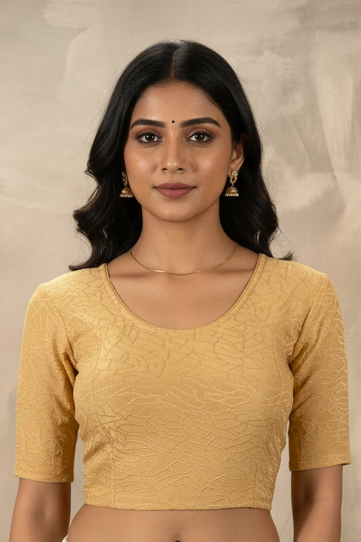 Sandal Gold-Tone Embellished Back Readymade Stretchable Blouse with Elbow Sleeve - Sandal