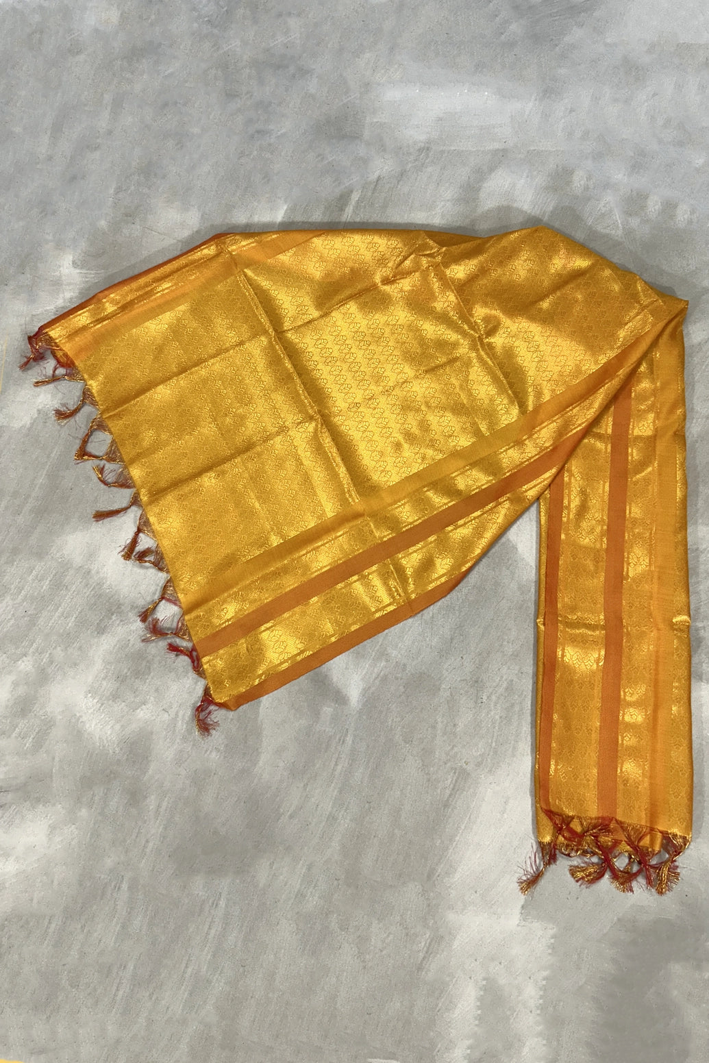 Yellow Ponnadai Poly Silk Jacquard Temple Shawl with Tassels | 2 Meter Traditional South Indian Function Dupatta - Yellow