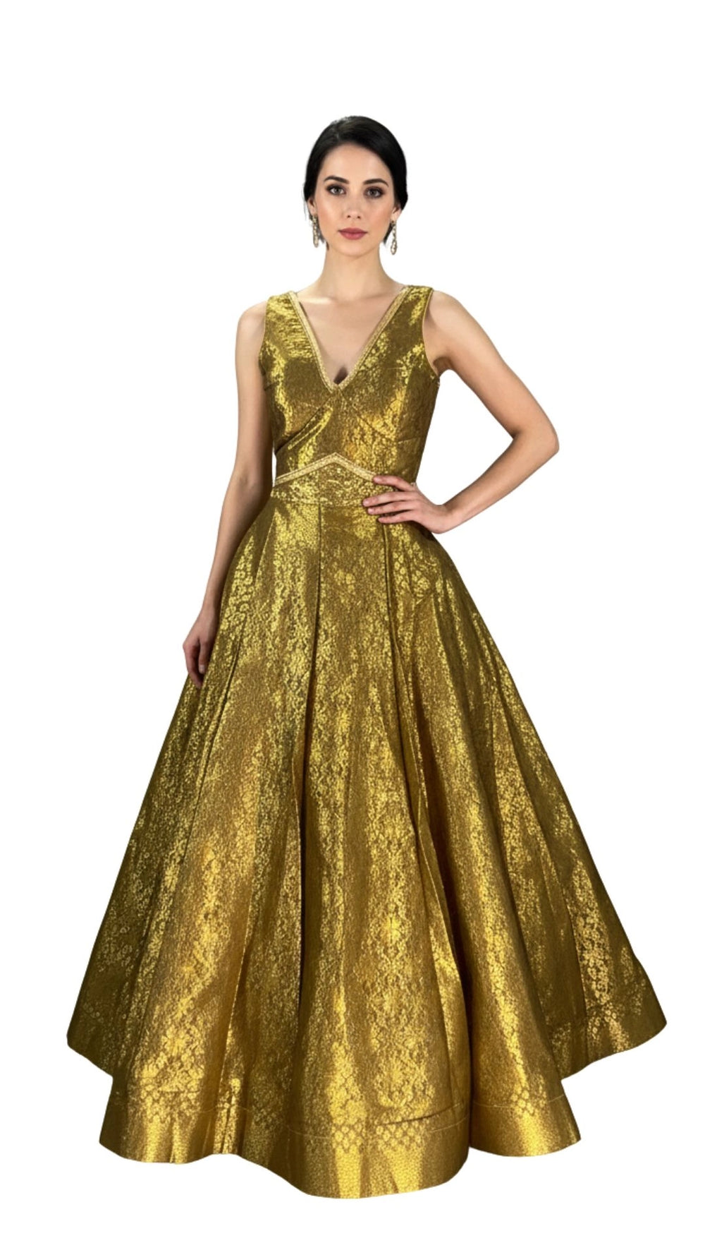 Olive Gold Antique Jacquard Silk Lehenga with Sleeveless Blouse and Zari Motifs - Olive Gold