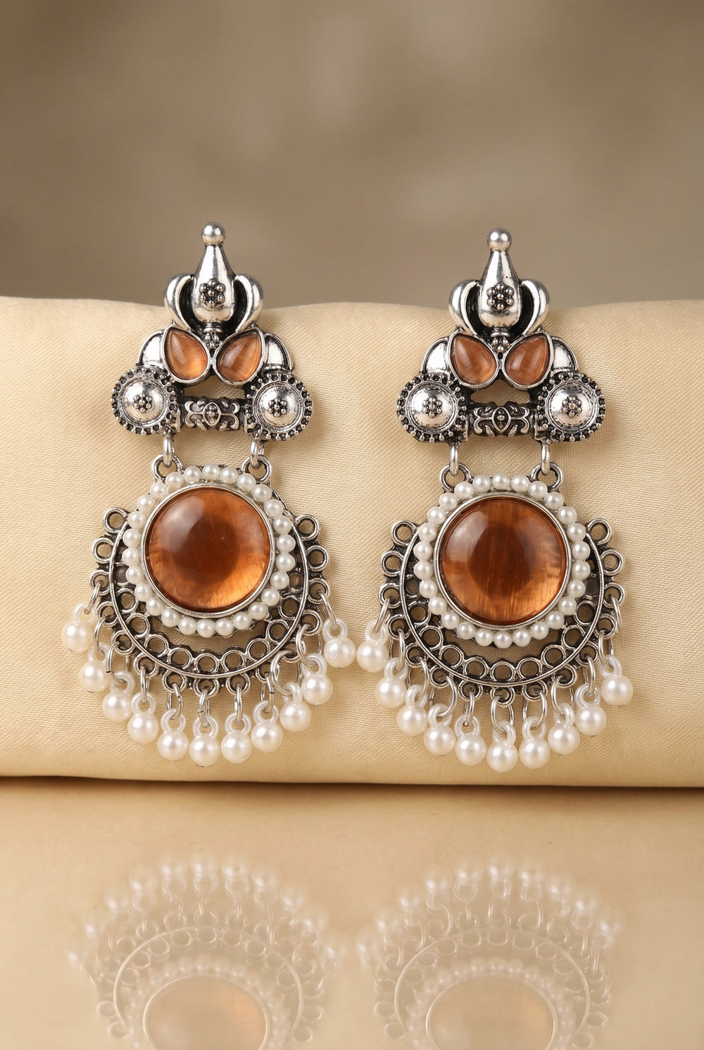 Peach Stone & Pearl Drop Oxidized Silver-Tone Earrings for Women, Teardrop Floral Chandbali Style - Peach