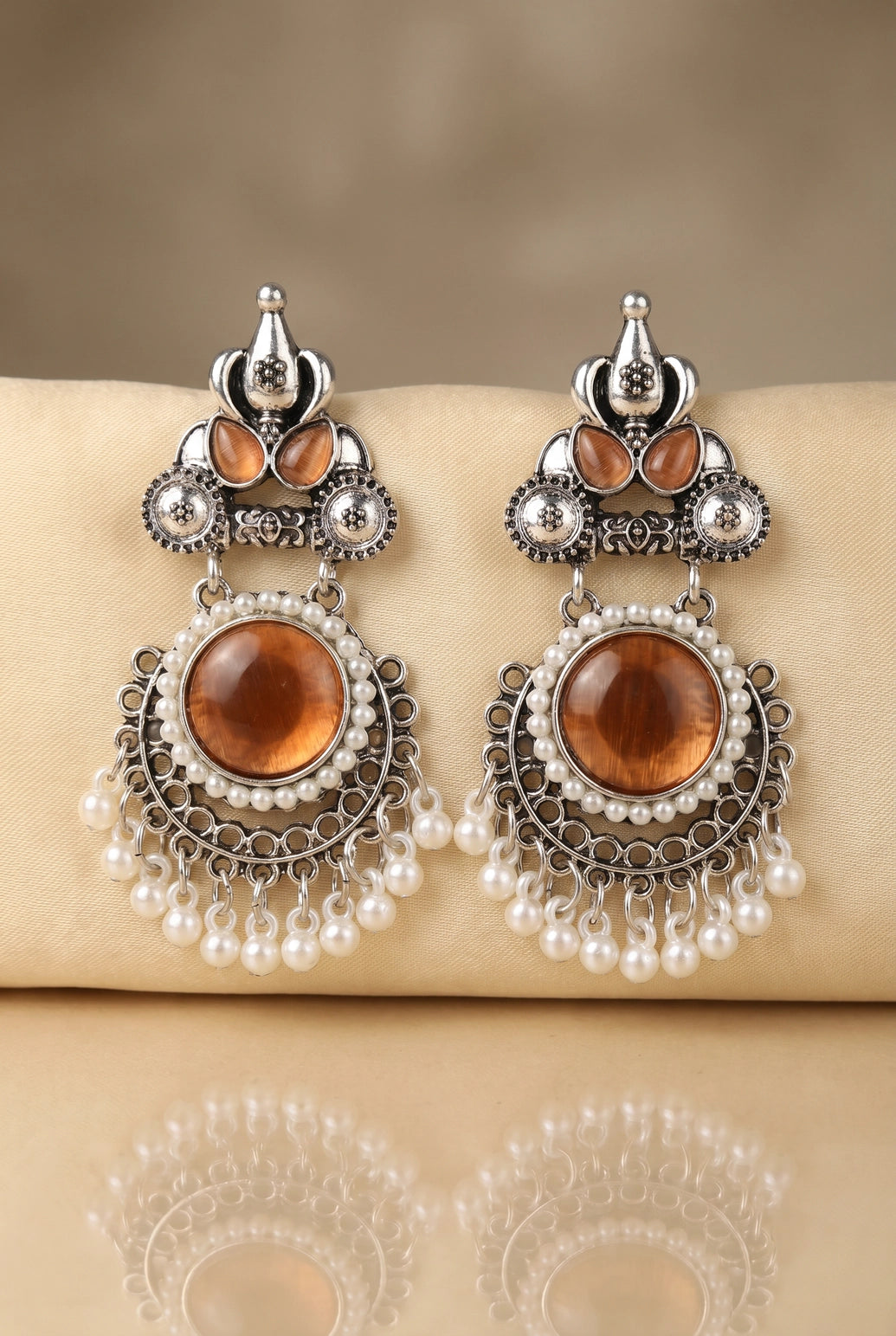 Peach Stone & Pearl Drop Oxidized Silver-Tone Earrings for Women, Teardrop Floral Chandbali Style - Peach