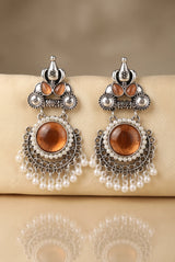 Peach Stone & Pearl Drop Oxidized Silver-Tone Earrings for Women, Teardrop Floral Chandbali Style - Peach