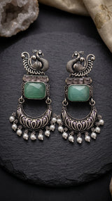 Mint Green Peacock Motif Antique Style Drop Earrings with Crystals and Pearl Drops for Women - Mint Green