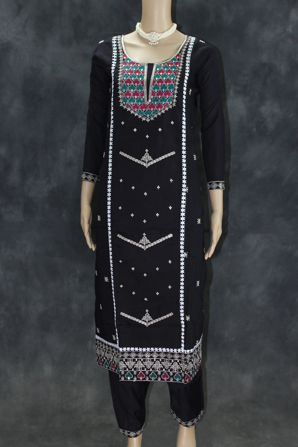 Black Embroidered Roman Silk 3-Piece Kurti Set with Organza Dupatta and Elasticated Pants Kurti JCS Fashions Black Large (40)