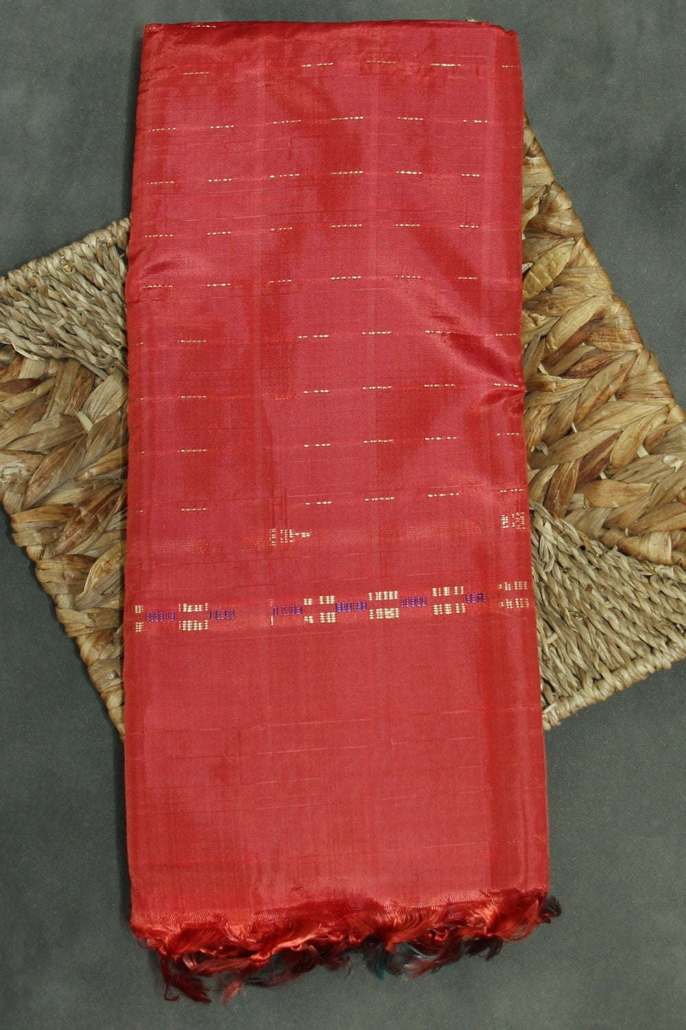 Red Vaazhai Naar (Banana Pith) Handwoven Saree with Small Butta, Borderless Traditional Saree - Red