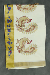 Pure Kerala Cotton White Saree with Gold Zari Peacock Embroidery Pallu – Blouse Piece Included - White