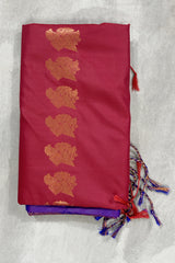 Maroon Korvai Soft Silk Border Saree with Delicate Gold Zari Buttas and Floral Traditional Zari Border - Maroon