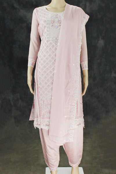 Light Onion Pink 3-Piece Salwar Suit Set with Organza Chiffon Kurti, Elastic Pant & Stone Work Dupatta - Light Onion Pink