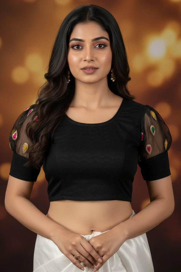 Black Readymade Stretchable Designer Blouse with Puff Sleeves and Zari Motifs for Saree and Ethnic Wear - Black