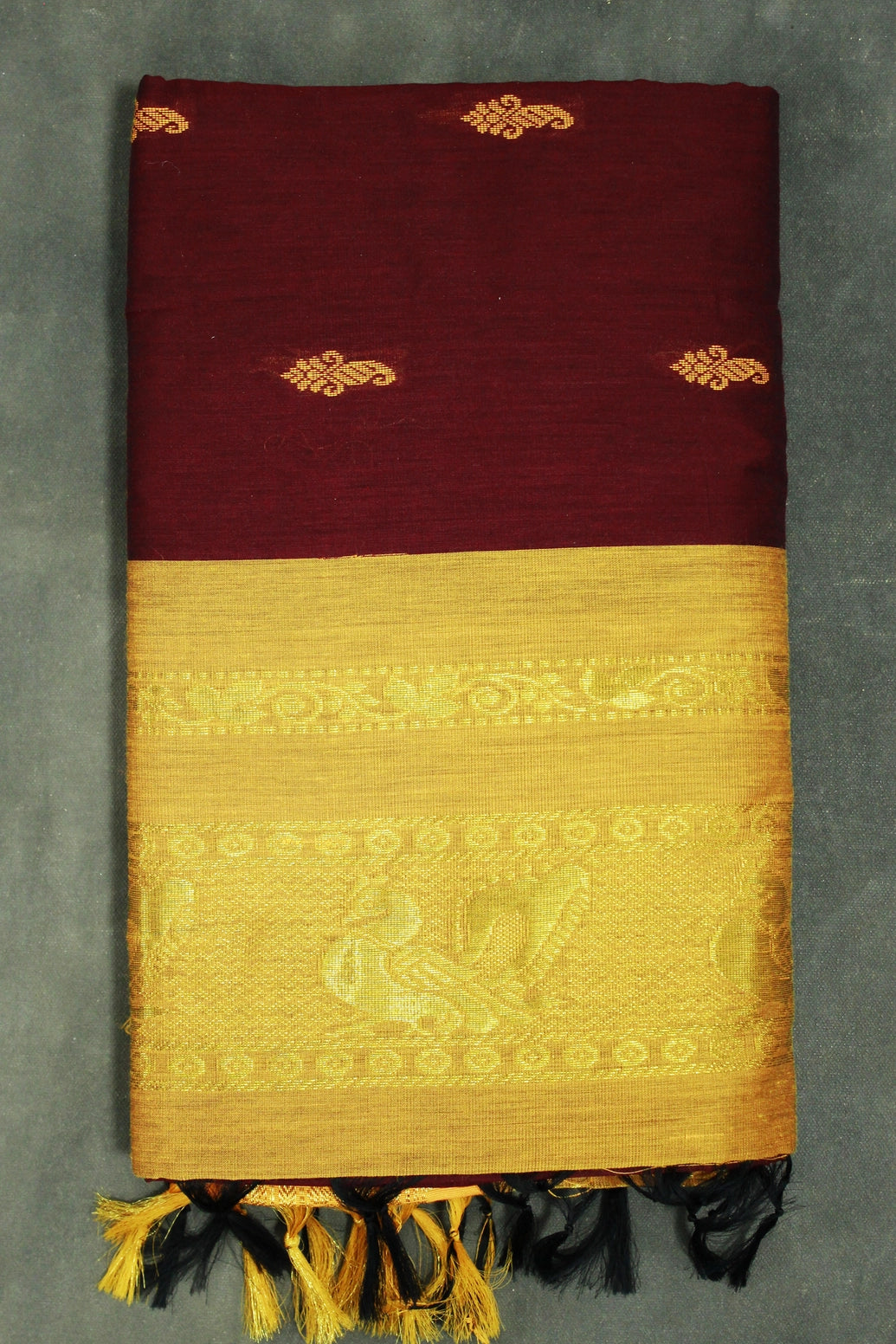 Maroon Kalyani Cotton Saree with Puttam Design and Zari Border and Blouse - Maroon