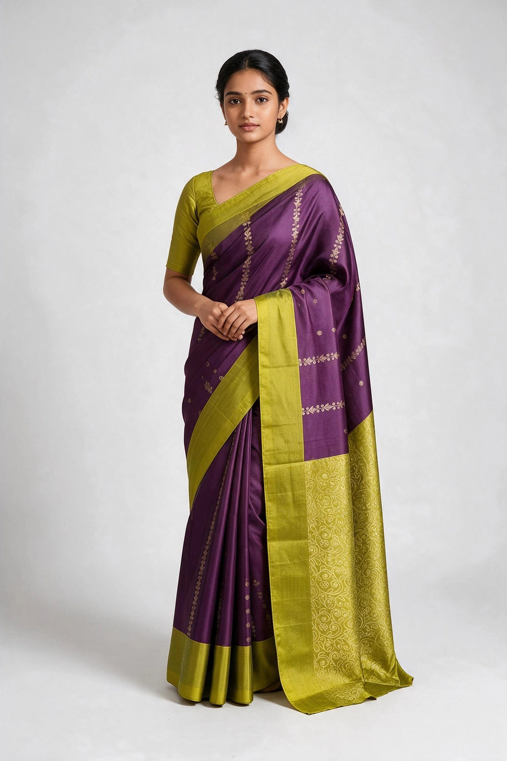Lavender & Dark Purple Soft Silk Saree with Contrast Border and Pallu - Lavender & Dark Purple
