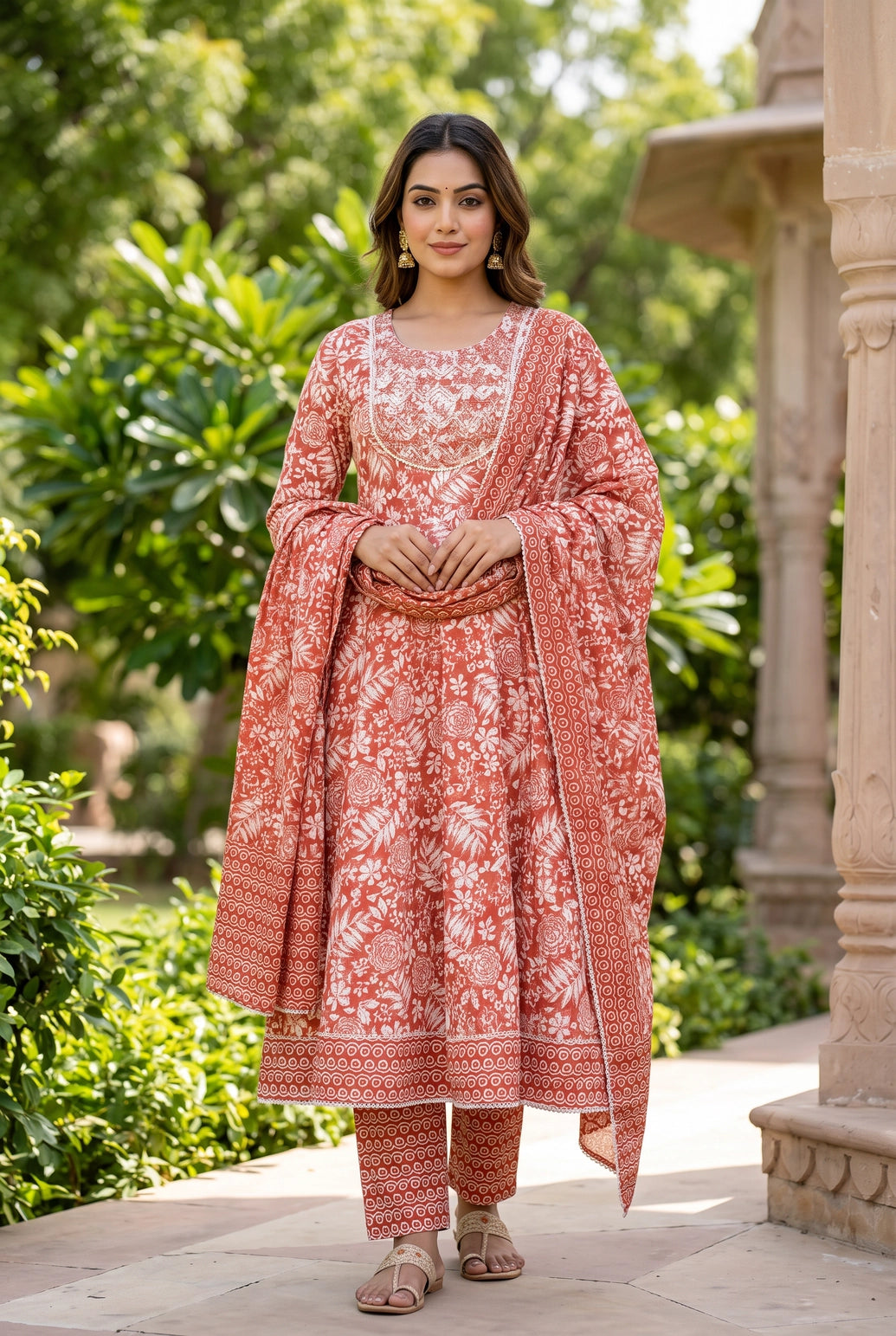 Pink Cotton 3-Piece Kurti Set with Embroidery, Frock Pant & Matching Dupatta - Pink