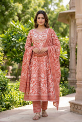 Pink Cotton 3-Piece Kurti Set with Embroidery, Frock Pant & Matching Dupatta - Pink