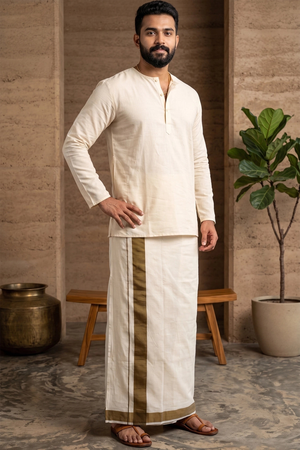 Mens Off-White Cotton Dhoti with 1.25-inch Border, 2 Metre Single Veshti for Wedding Festive Temple Wear