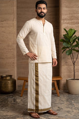 Mens Off-White Cotton Dhoti with 1.25-inch Border, 2 Metre Single Veshti for Wedding Festive Temple Wear