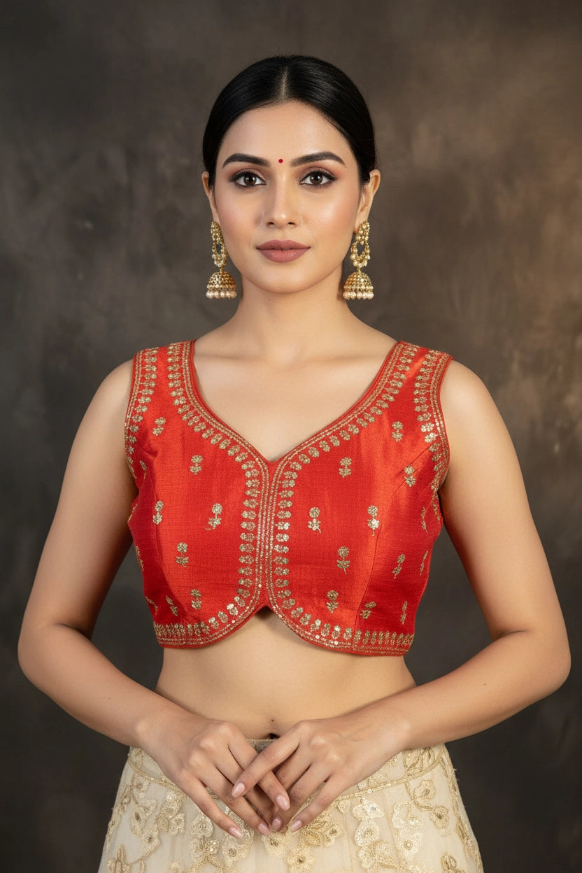 Red Readymade Padded Designer Blouse with Sequin Floral Motifs, Sleeveless Back Knot, Fully Stitched - Red