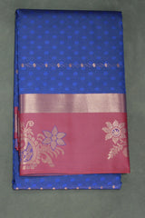 Navy Blue Emboss Silk Saree with Floral Design Satin Border and Blouse Piece - Navy Blue