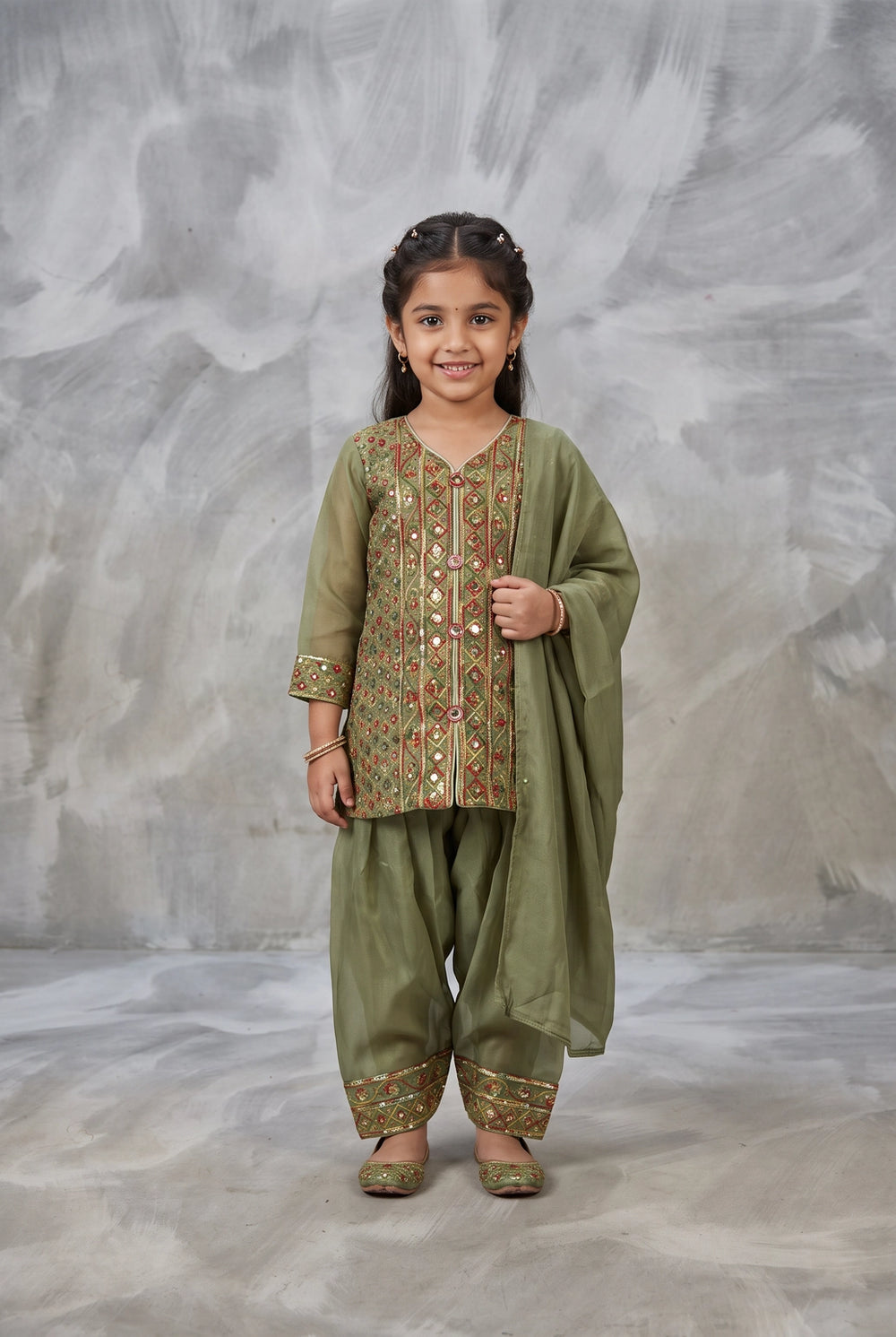 Girls Roman Silk 3-Piece Pakistani Suit Set with Embroidered Kurti, Salwar & Matching Dupatta
