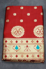 Maroon Paithani Pure Silk Saree with Zari Woven Peacock Pallu and Design Border - Maroon