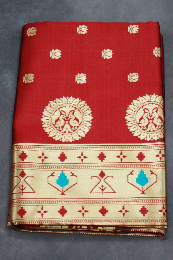 Maroon Paithani Pure Silk Saree with Zari Woven Peacock Pallu and Design Border - Maroon