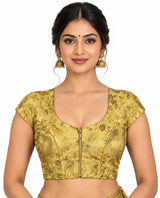 Sandal Readymade Padded Designer Blouse with Floral Weave, V-Neck, Short Sleeves for Sari Choli Wedding Wear - Sandal