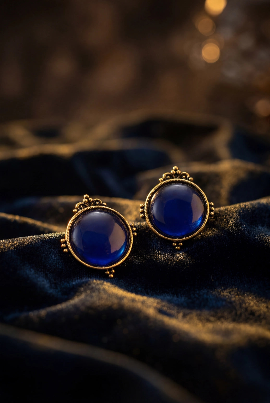 Royal Blue Oval Stone Stud Earrings with Gold-Tone Beaded Border for Women - Royal blue