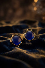 Royal Blue Oval Stone Stud Earrings with Gold-Tone Beaded Border for Women - Royal blue