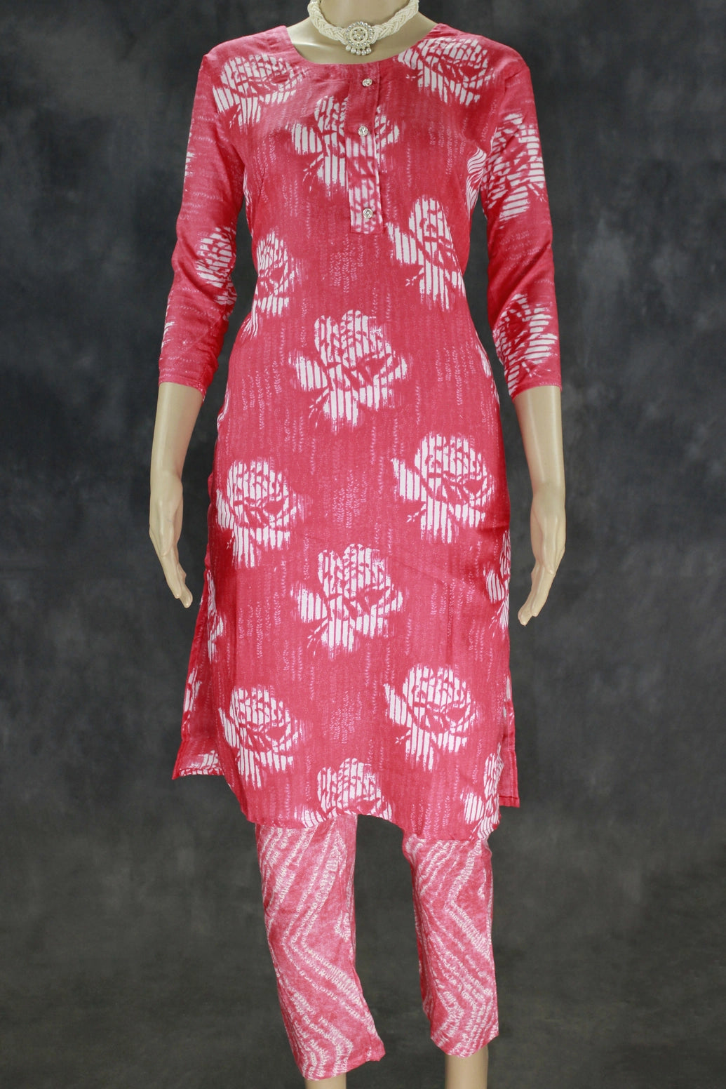 Pink Floral Rayon Two-Tone Kurta Pant Set - 2-Piece Women's Kurti with Elasticated Pant - Pink