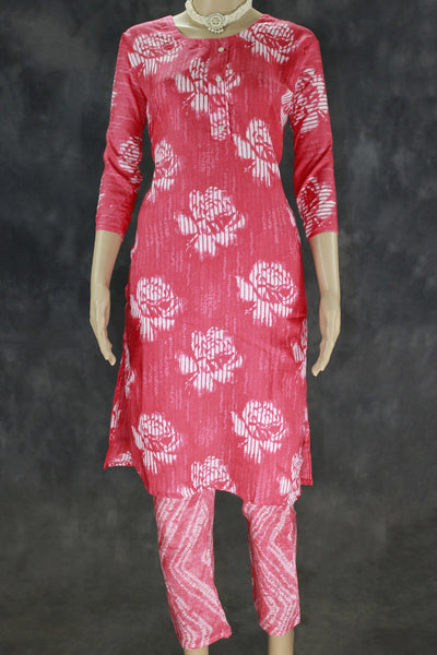 Pink Floral Rayon Two-Tone Kurta Pant Set - 2-Piece Women's Kurti with Elasticated Pant - Pink