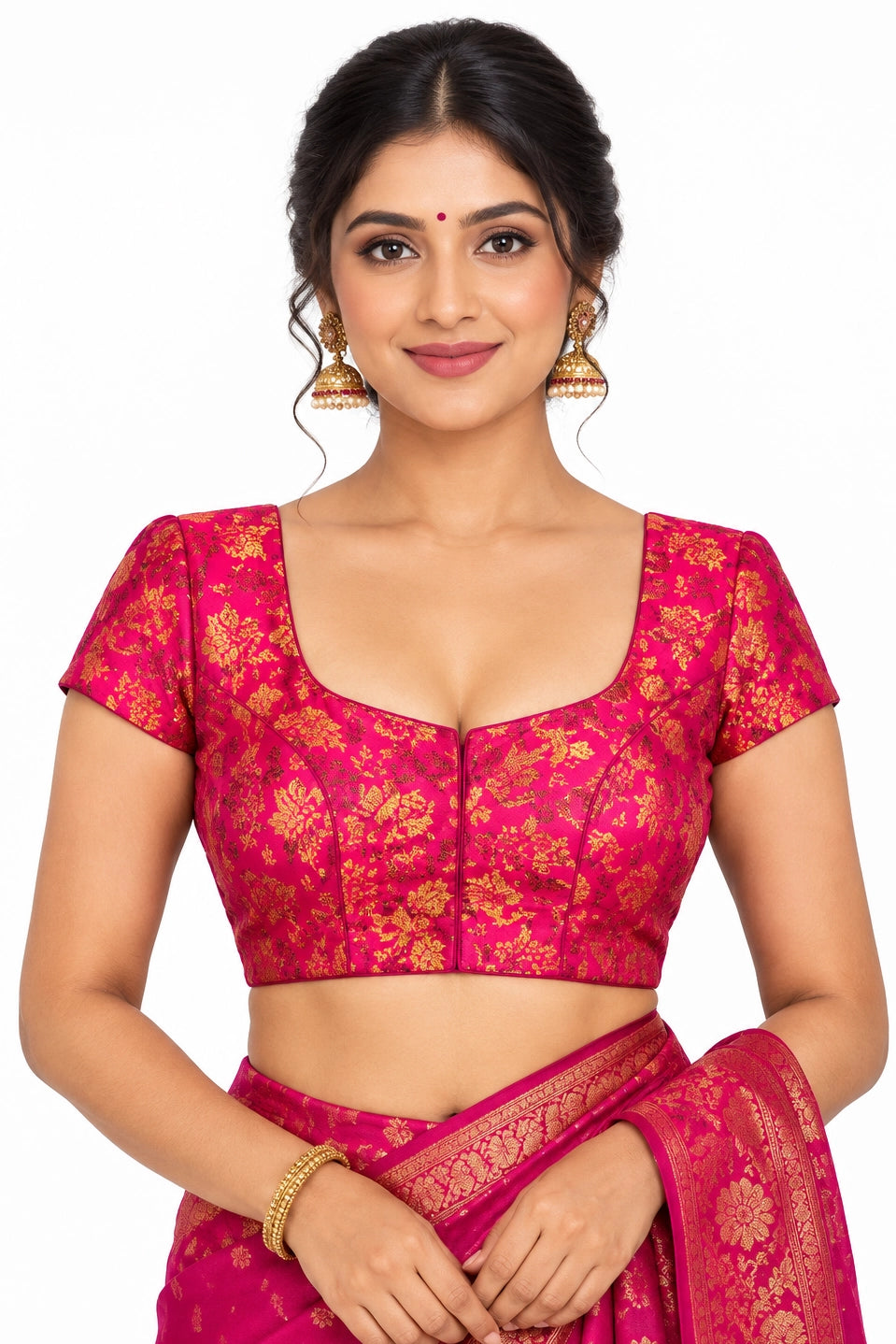 Rani Pink Floral Padded Readymade Sari Blouse with V-Neck, Short Sleeves and Back Knot for Wedding Wear - Rani Pink