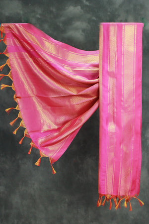 Magenta Pink Ponnadai Poly Silk Jacquard Temple Shawl with Zari Design and Tassels for Pooja & Functions