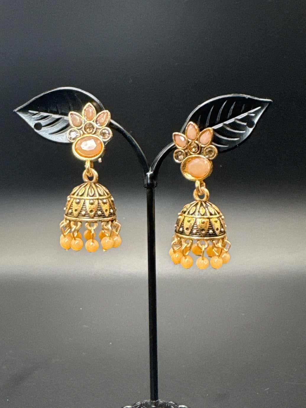 Antique Gold Peach Stone Jhumka Earrings with Beaded Drops