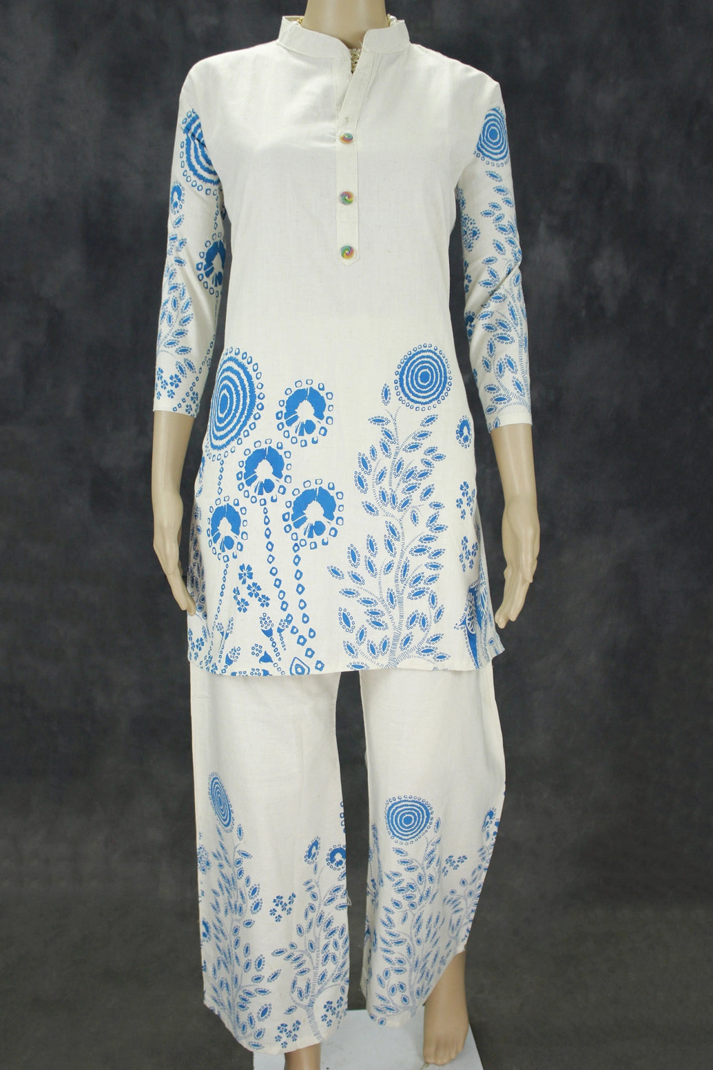 Cream Khadi Rayon Floral Mandarin Collar Kurti with Elastic Waist Pant Co-ord Set (2 pcs) - Cream