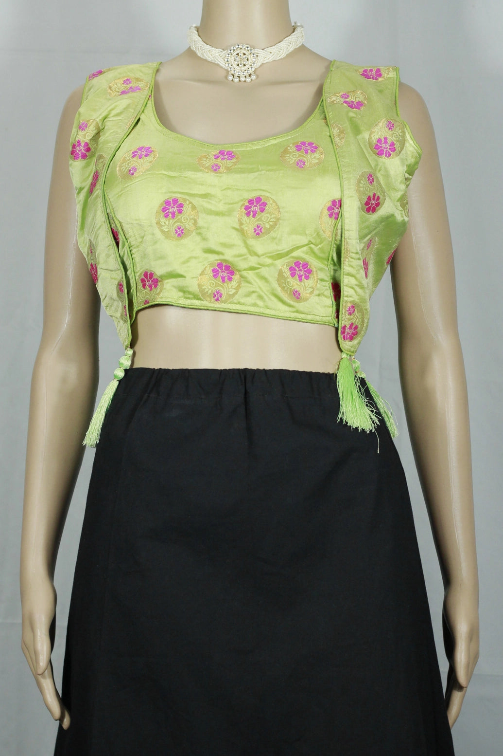 Pista Green Padded Designer Blouse with Jari Work Tassel Detailing, Fully Stitched, Elbow Sleeves - Pista Green