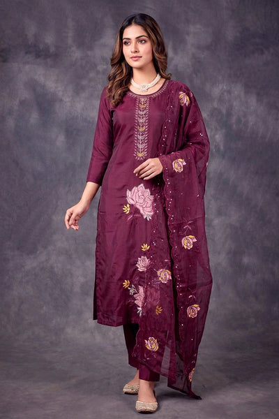Dark Purple Roman Silk 3-Piece Kurti Set with Embroidered Neck, Elastic Pant & Chiffon Dupatta - Dark Purple