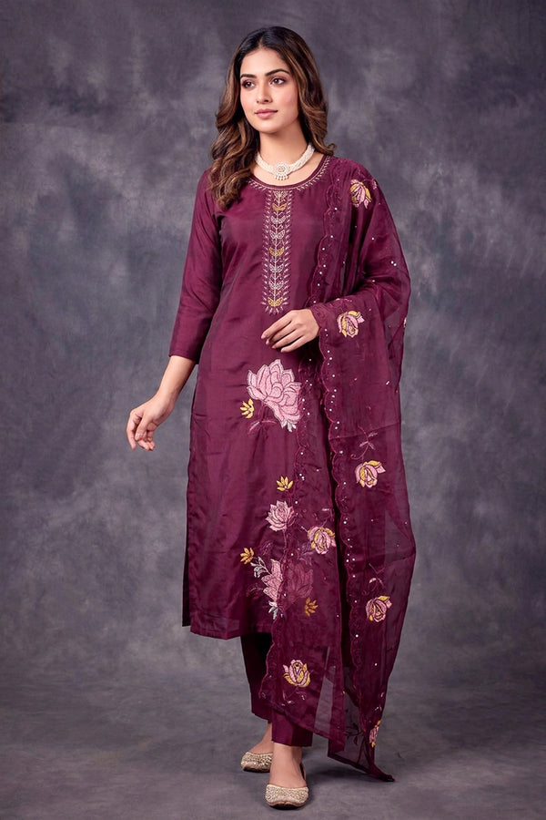 Dark Purple Roman Silk 3-Piece Kurti Set with Embroidered Neck, Elastic Pant & Chiffon Dupatta - Dark Purple