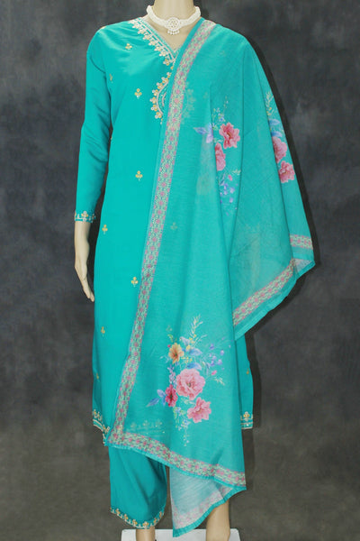 Rama Green Roman Silk 3-Piece Kurti Set with Elastic Pant & Digital Print Dupatta for Women - Rama Green