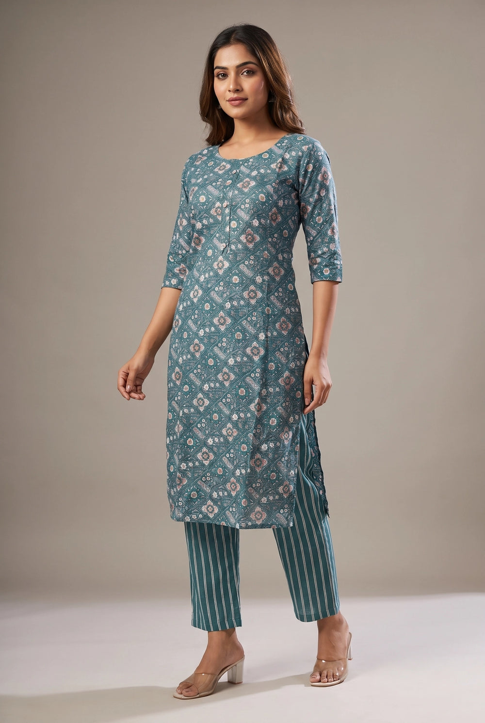 Indigo Blue Rayon 2-Piece Kurti with Elastic Pant, Geometric-Floral Foil Print, Round Neck & 3/4 Sleeves - Indigo Blue