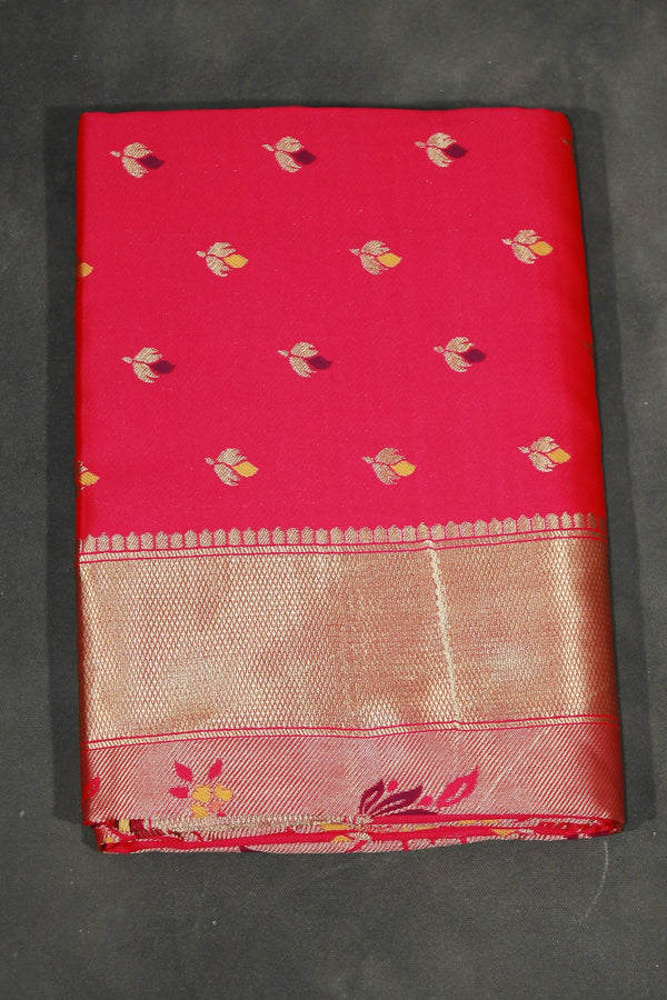 Kamal Paithani Silk Floral Design Pallu Saree With Design Border, Full body small floral butties,  saree comes with blouse - Raspberry Pink