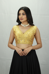 Yellow Padded Sleeveless Designer Blouse with Heavy Gold Thread Embroidery and Sequin Work, Back Knot