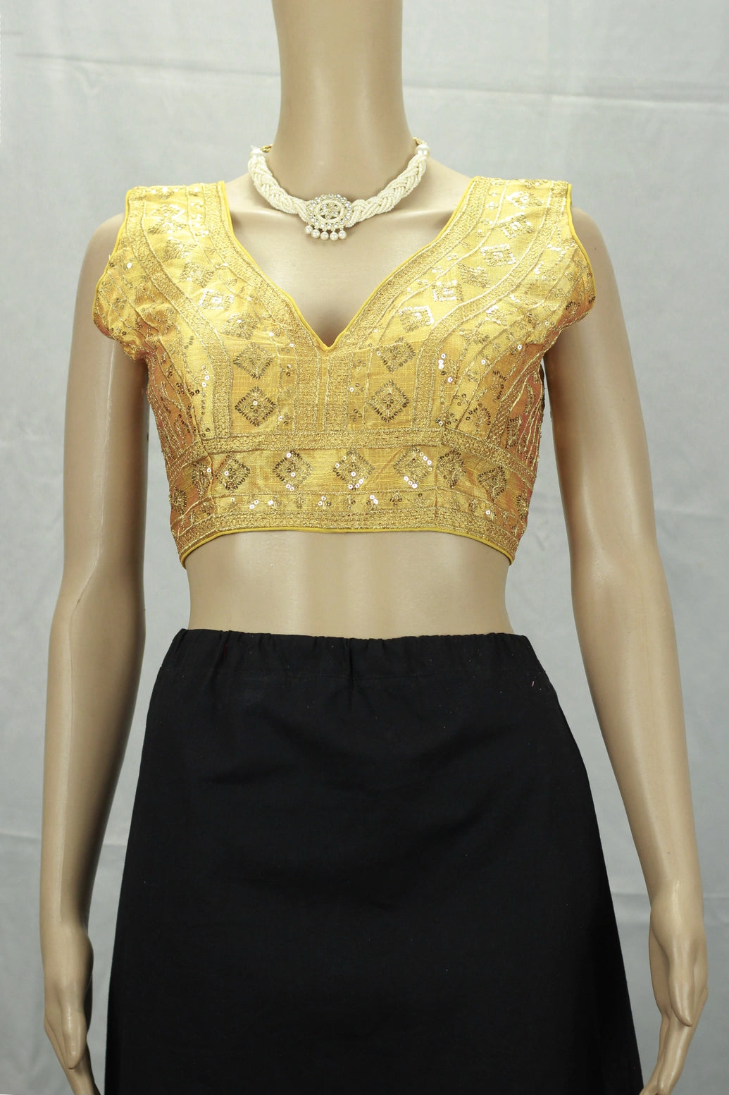 Yellow Designer Padded Sleeveless Blouse with Heavy Gold Thread Embroidery & Sequin Work, Back Knot, Readymade - Yellow
