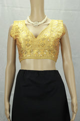 Yellow Designer Padded Sleeveless Blouse with Heavy Gold Thread Embroidery & Sequin Work, Back Knot, Readymade - Yellow
