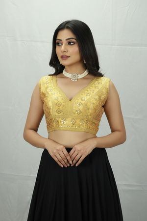 Yellow Padded Sleeveless Designer Blouse with Heavy Gold Thread Embroidery and Sequin Work, Back Knot