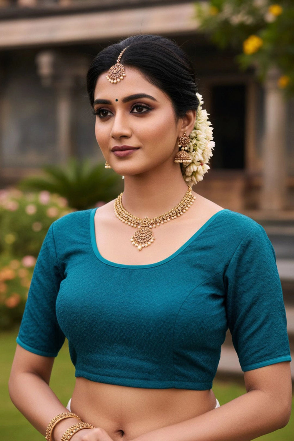 Teal Blue Stretchable Fully Stitched Designer Blouse with Crisscross Back Straps and Elbow Sleeve - Teal Blue