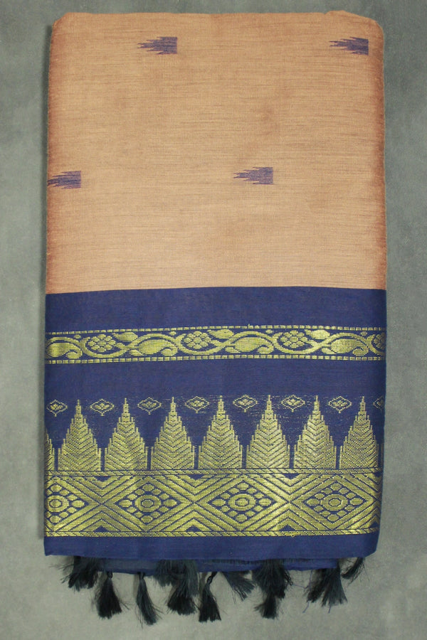 Brown Kalyani Cotton Saree with Puttas Design and Zari Border, Blouse Included - Brown
