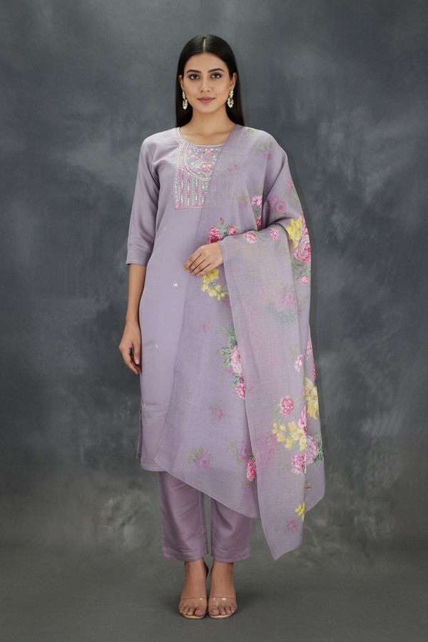Purple Roman Silk 3-Piece Kurti Set with Elastic Pant and Organza Digital Dupatta