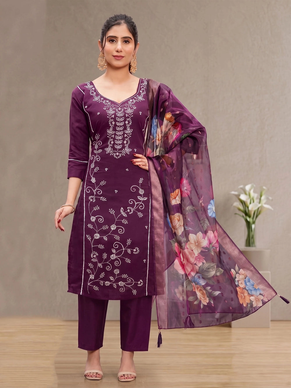 Wine Roman Silk 3-Piece Kurti Set with Embroidery Beads, Elastic Palazzo & Banarasi Dupatta - Wine